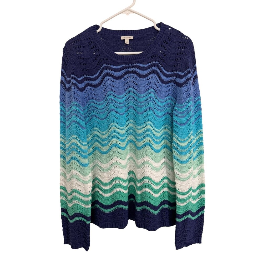 Talbots MEDIUM Supersoft Cotton Blend Crewneck Stripe Sweater Blue Beach Coastal